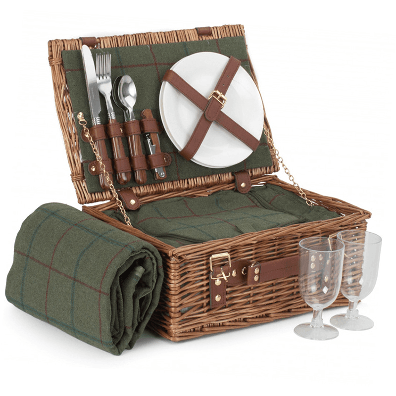 Tweed 2 Person Classic Picnic Hamper, Green