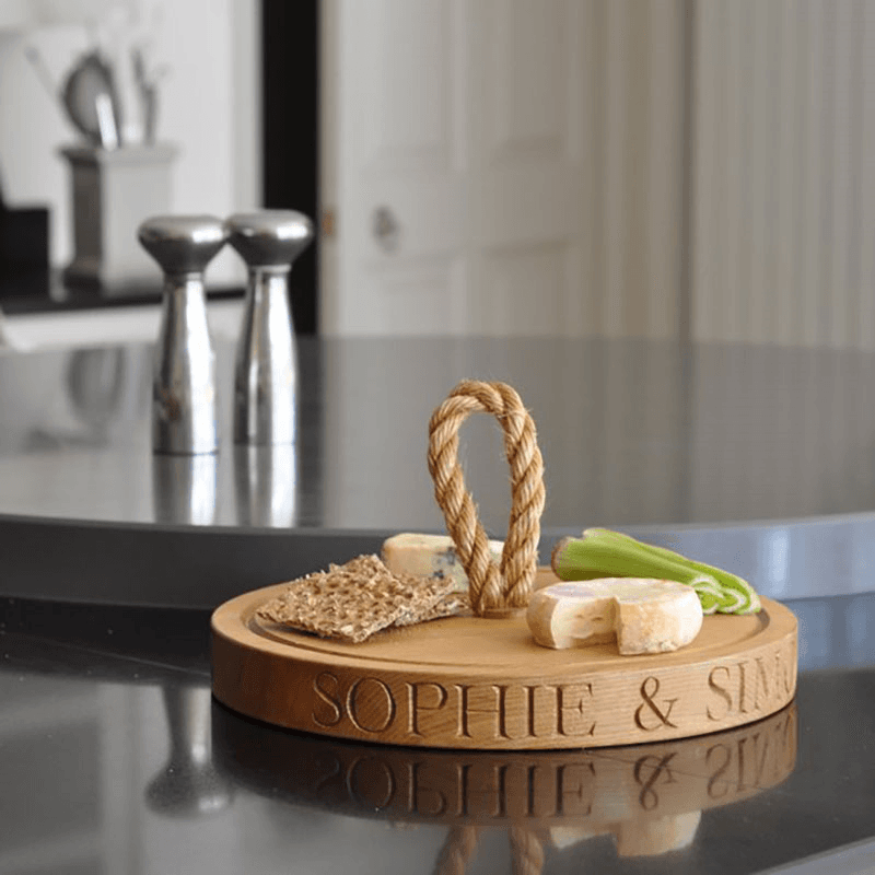 Personalised Thick Round Board with Rope Handle, Oak