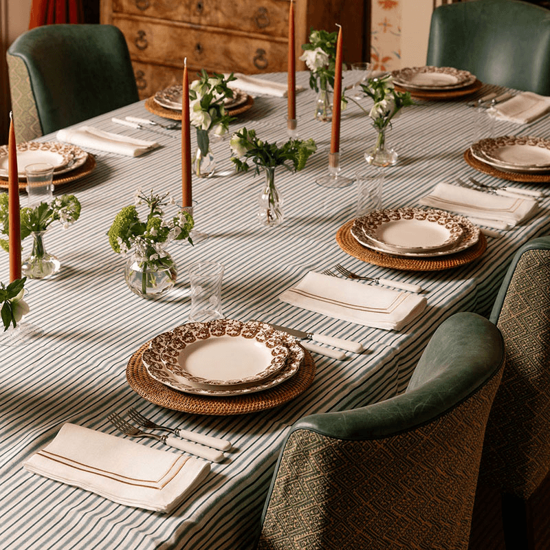 Victoria Striped Linen Tablecloth, 160 x 260cm, Chalk Blue