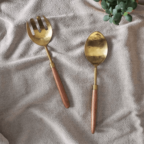 Image showing the Soni Salad Servers, Gold & Acacia product.
