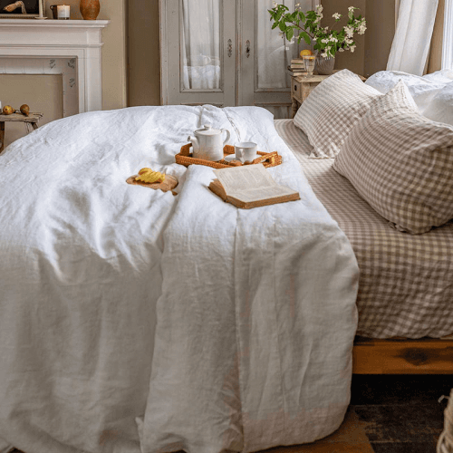 Image showing the Gingham Linen Fitted Sheet, King, Mushroom product.