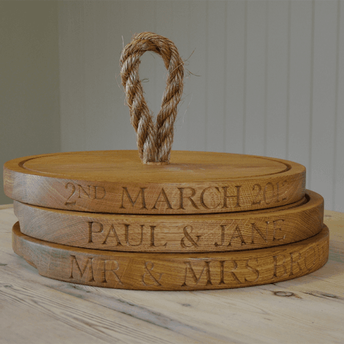 Image showing the Personalised Thin Round Board with Rope Handle, Oak product.