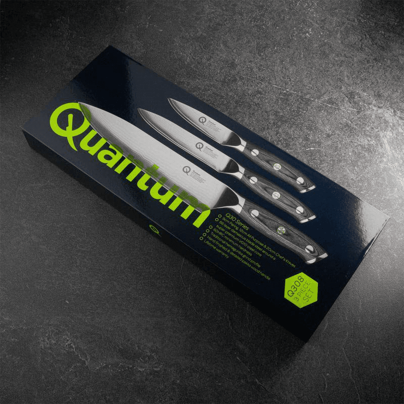 Q30 Series 3 Piece Damascus Steel Paring, All Purpose & 20cm Chef's Knife Set, Black