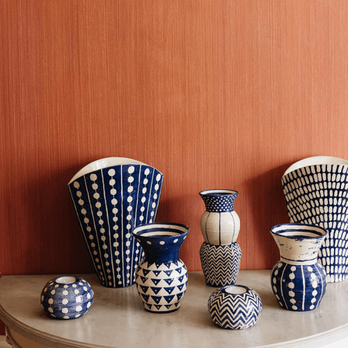 Image showing the Dot Stripe Fan Vase, H25cm, Indigo product.