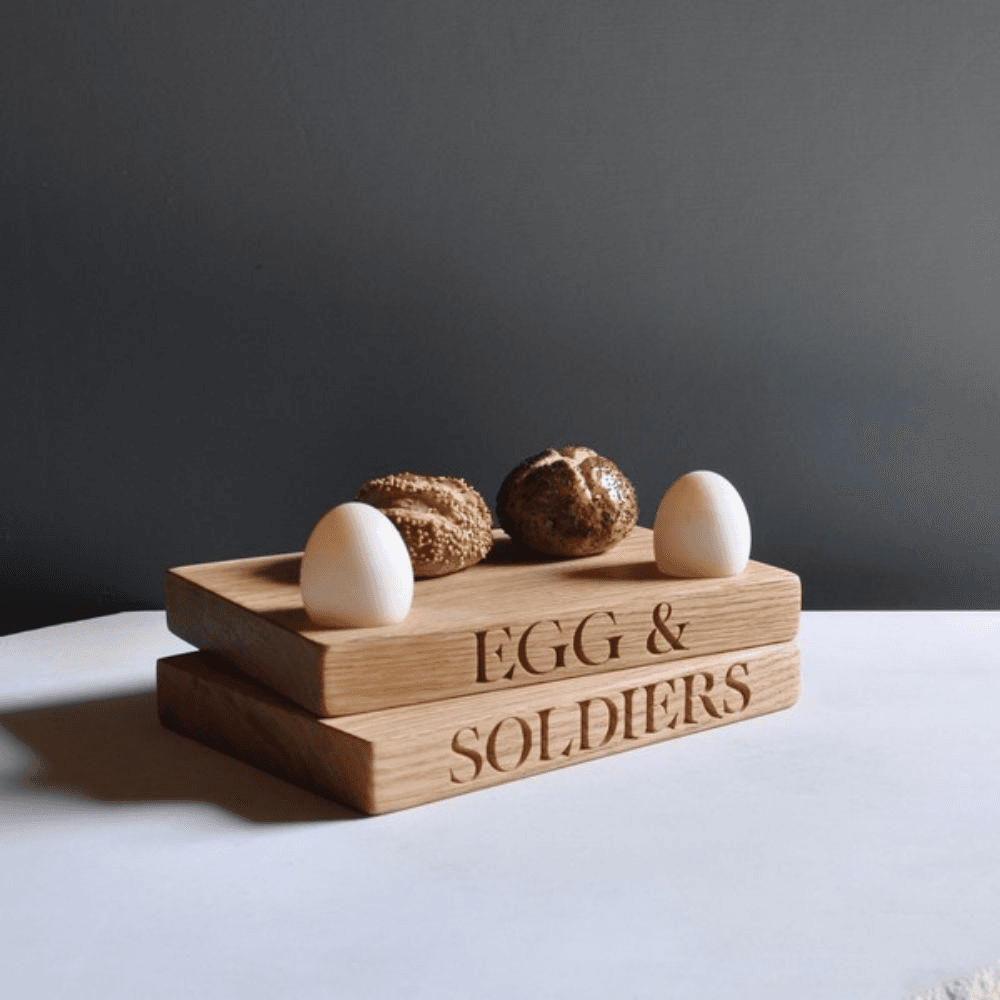 Engraved Egg Cup/Board, 'Egg & Soldiers', Oak, 23 x 16 x 3cm