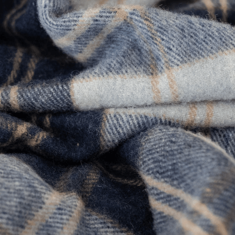 Recycled Wool Picnic Blanket with Brown Leather Carrier, 140 x 190cm, Bannockbane Silver Tartan
