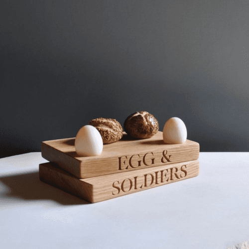 Image showing the Engraved Egg Cup/Board, 'Egg & Soldiers', Oak, 23 x 16 x 3cm product.