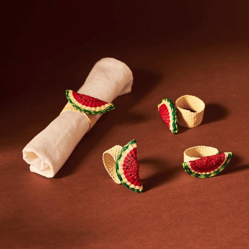 Image showing the Narino Watermelon Set of 4 Woven Napkin Rings, Green & Red product.