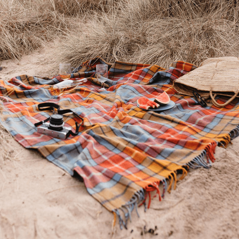 Recycled Wool Picnic Blanket with Brown Leather Carrier, 140 x 190cm, Buchanan Antique Tartan