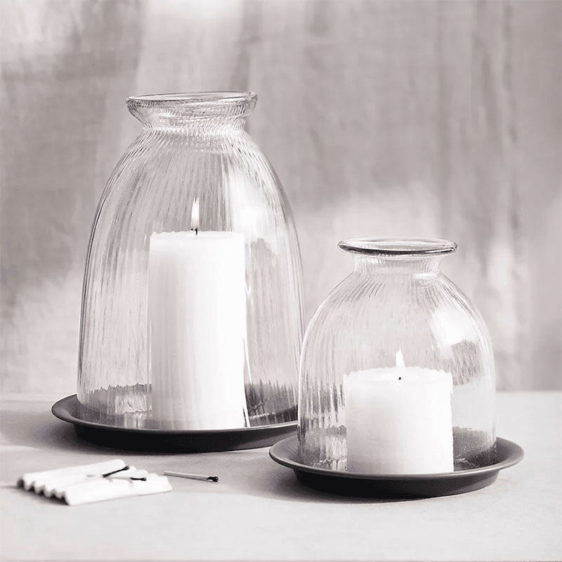 Ribbed Dome Glass Candle Holder with Tray, H17.6cm, Clear