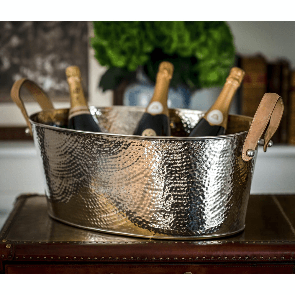 Hammered Champagne bath with leather handle, 21 x 53 x 35cm, Nickel Plate And Leather