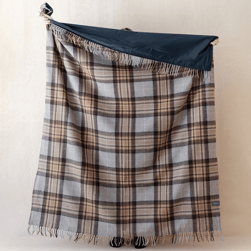 Recycled Wool Picnic Blanket with Brown Leather Carrier, 140 x 190cm, Mackellar Tartan