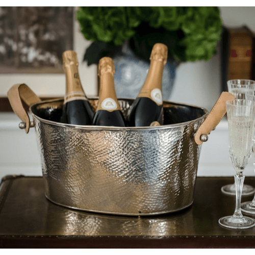 Image showing the Leather Handled Champagne bath, H18 x W20 x D38cm, Hammered Nickel Plate product.