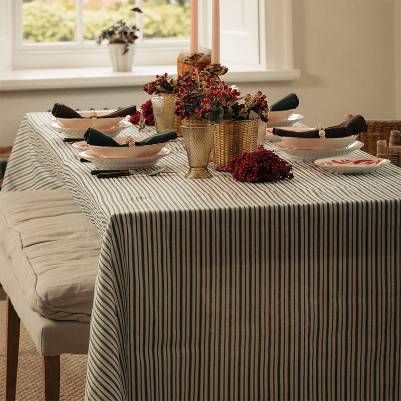 Victoria Striped Linen Tablecloth, 160 x 260cm, Fir Green