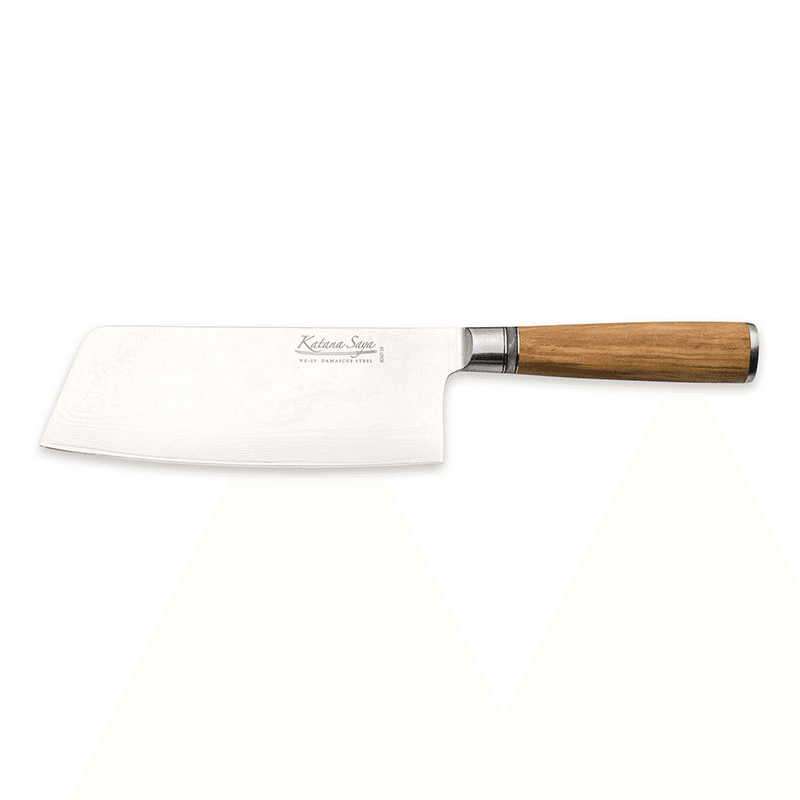 Katana Saya Olive Wood Chinese Chopper, 18cm Damascus Blade