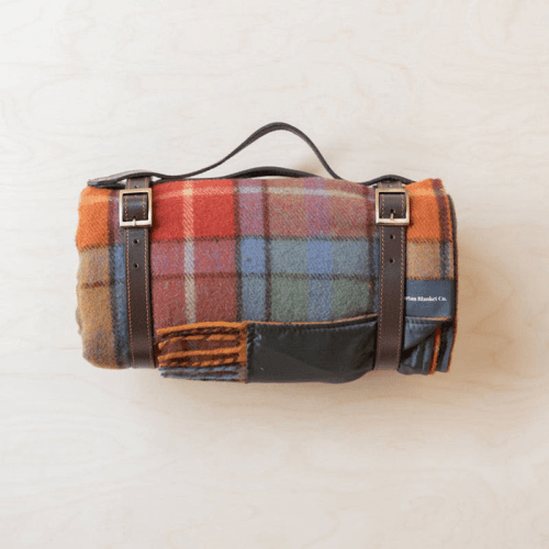 Image showing the Recycled Wool Picnic Blanket with Brown Leather Carrier, 140 x 190cm, Buchanan Antique Tartan product.