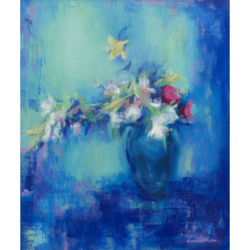 Bouquet in Blue Vase Framed Oil Painting on Canvas, 63.5 x 76cm, Blue