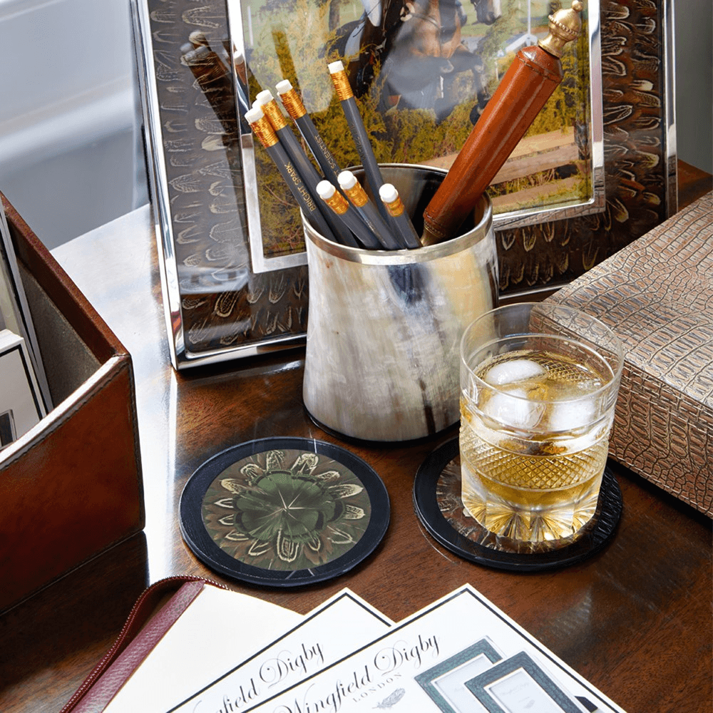 Feather and Glass Set of 6 Coasters, D10cm, Cock Pheasant and Green Pheasant