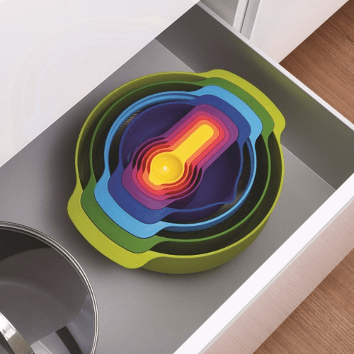Nest Plus 9 piece stacking bowl and measuring set, Multi-Coloured