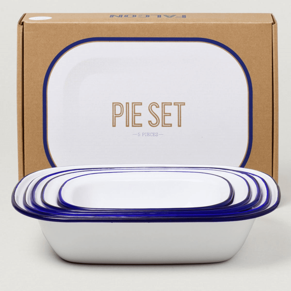 Enamel pie set, White With Blue Rim