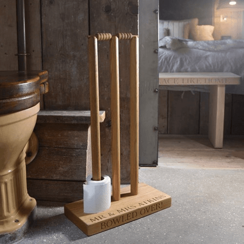 Image showing the Cricket Wicket Personalised loo roll holder, 70 x 40 x 20cm, Oak product.