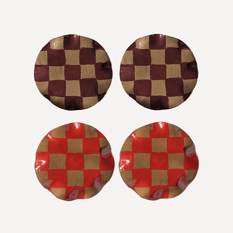 Rosie Gore Set of 4 Wavy Check Side Plates, D18cm, Red & Burgundy
