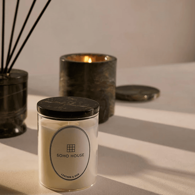 Leather & Oud Marble Candle, 250g, Forest Green