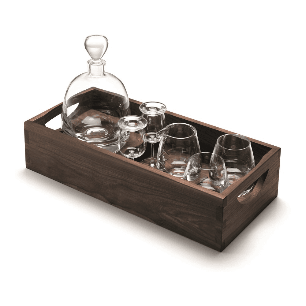 Whisky Islay connoisseur set and walnut tray, L44cm, clear