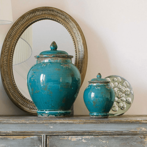 Image showing the Zion Lidded Set of 2 Urns, large H32 x D23cm - small H19 x D13cm, Aruba Blue product.