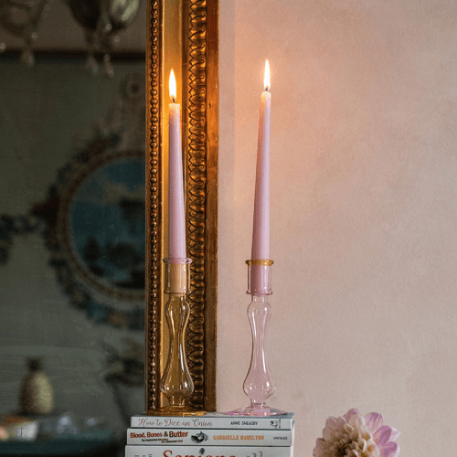 Image showing the Serata Set of 2 Candlesticks, H18cm, Pink & Yellow product.