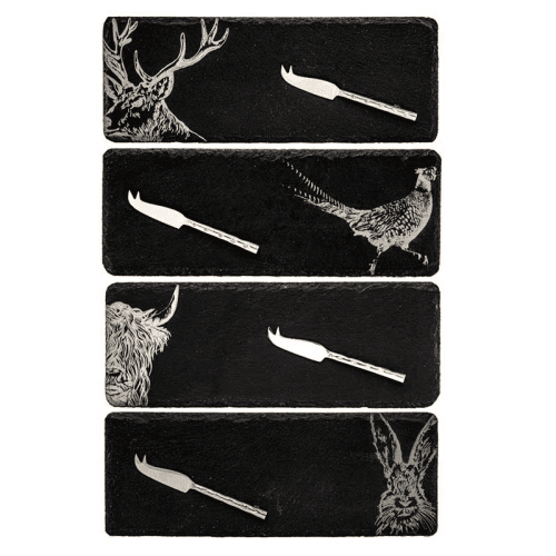 Image showing the Country Animals Set of 4 Mini Slate Cheese Boards & Knives, Black product.