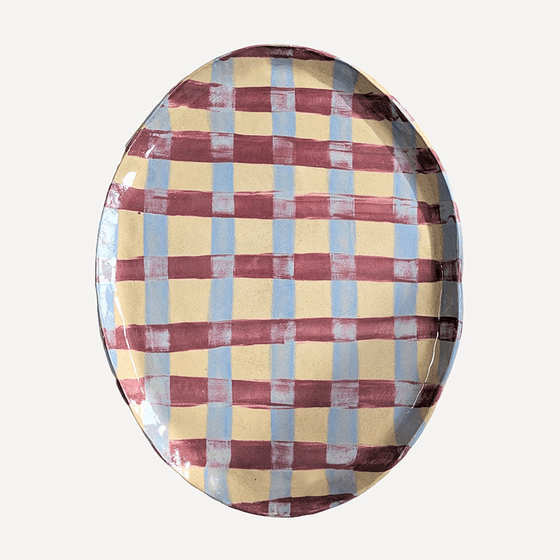 Rosie Gore Gingham Oval Platter, 26cm x 32cm, Baby Blue & Burgundy