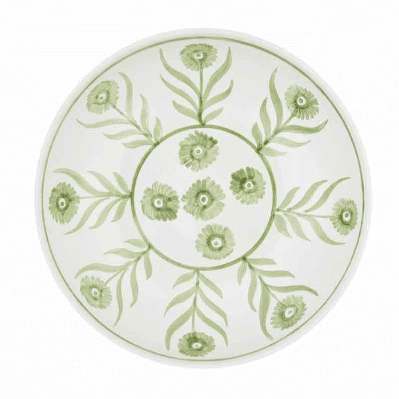 Green Summer Flower Shallow Bowl, Hand Painted in Portugal, 24cm