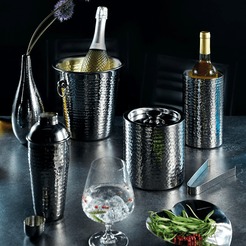 Ice bucket with lid and tongs, 1.5 litre, hammered metal