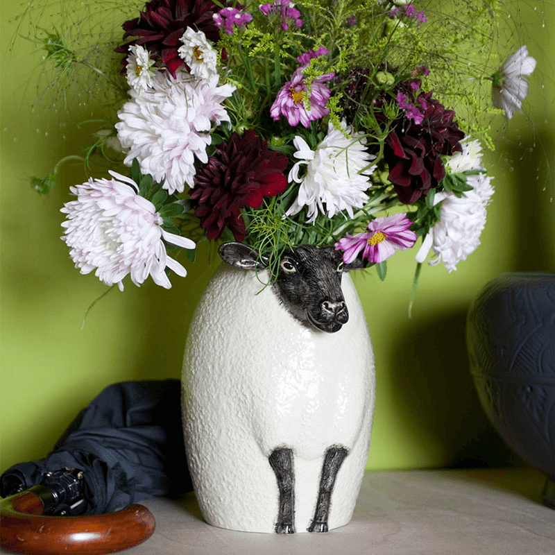 Black Faced Suffolk Sheep Flower Vase, H23cm, Black/White
