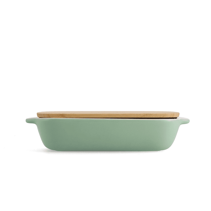 Stoneware Dish with Bamboo Lid, 26cm, Pistachio
