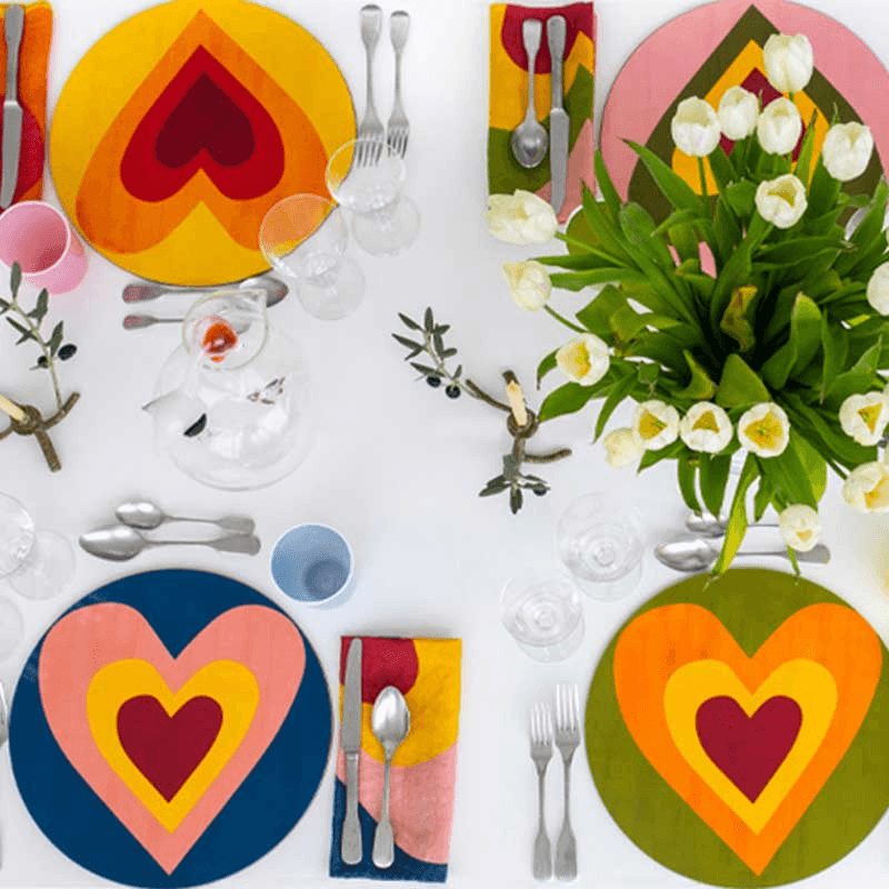 Heart Set of 6 Round Assorted Placemats, D34cm, Multi
