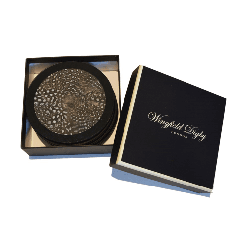 Image showing the Feather and Glass Set of 6 Coasters, D10cm, Guinea Fowl product.