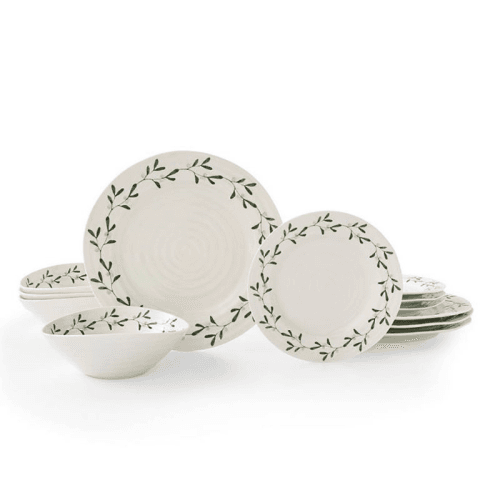 Image showing the Mistletoe 12 Piece Dinnerware Set, White/Green product.