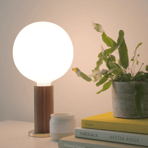 Image showing the Knuckle Pendant Table lamp with sphere bulb, H30 x D15cm, Walnut & Brass product.