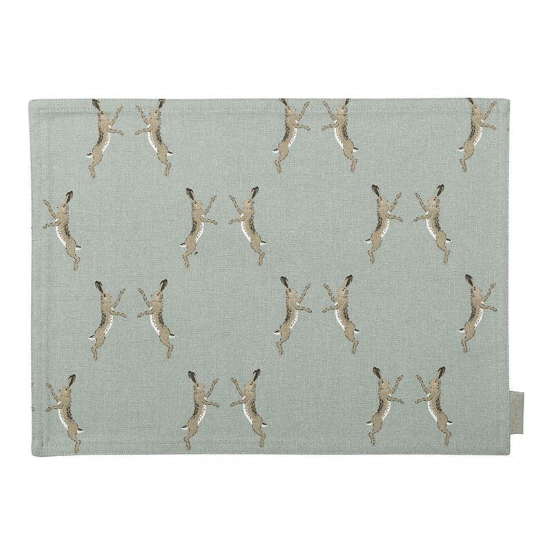 Boxing Hares Fabric Placemat, Duck Egg Grey