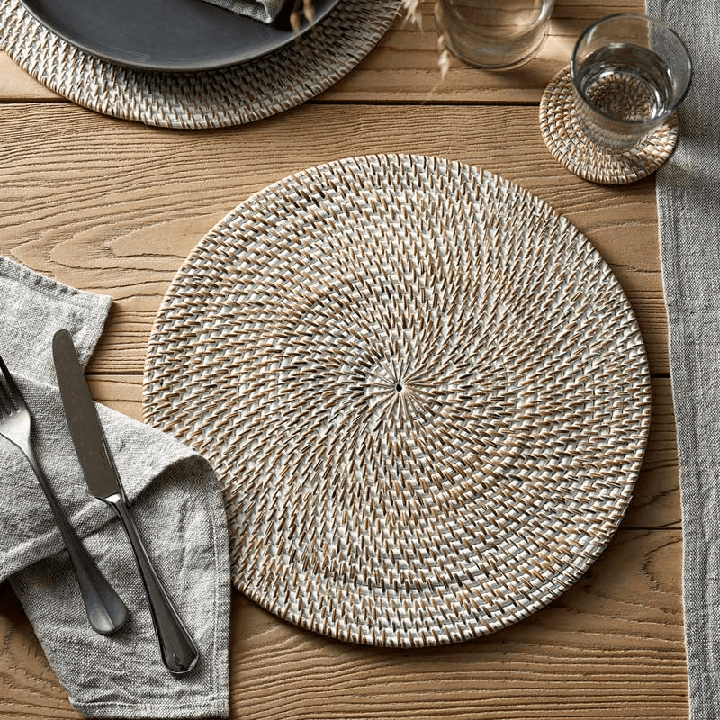 Round Placemat, 34cm, Whitewashed Rattan