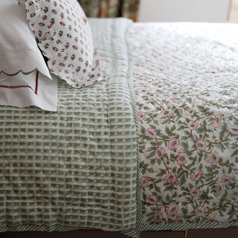 Floral Quilt, King, Green & Pink