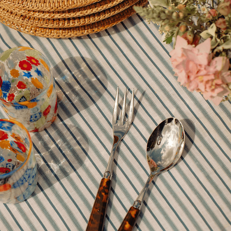 Victoria Striped Linen Tablecloth, 160 x 260cm, Chalk Blue