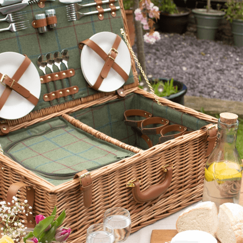 Image showing the Green Tweed Picnic hamper - 4 person, 58 x 38 x 22cm, Brown/Green product.