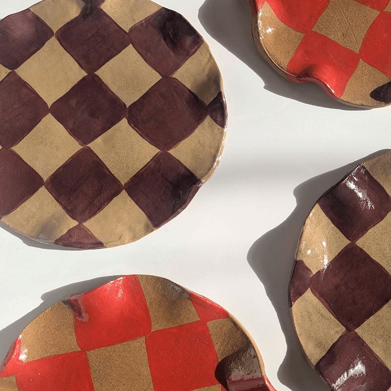 Rosie Gore Set of 4 Wavy Check Side Plates, D18cm, Red & Burgundy
