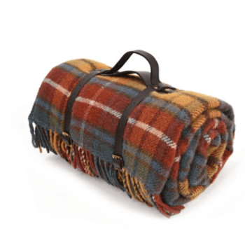 Image showing the Polo Fringe Picnic Rug, Tartan, Antique Buchanan (Leather Straps), Yellow/Brown/Blue/White product.