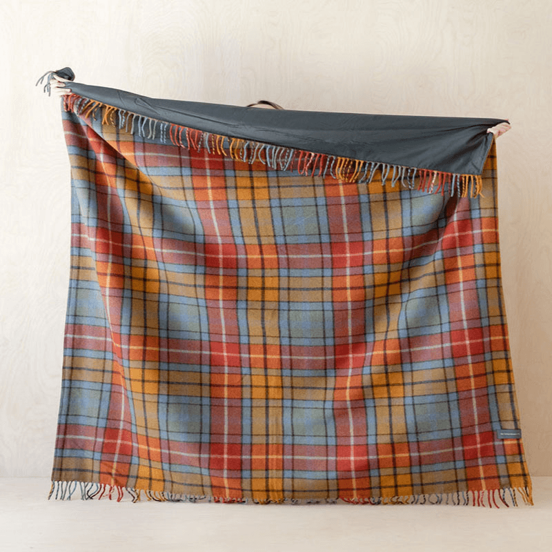 Recycled Wool Picnic Blanket with Brown Leather Carrier, 140 x 190cm, Buchanan Antique Tartan