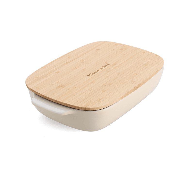 Stoneware Dish with Bamboo Lid, 32cm, Almond Cream