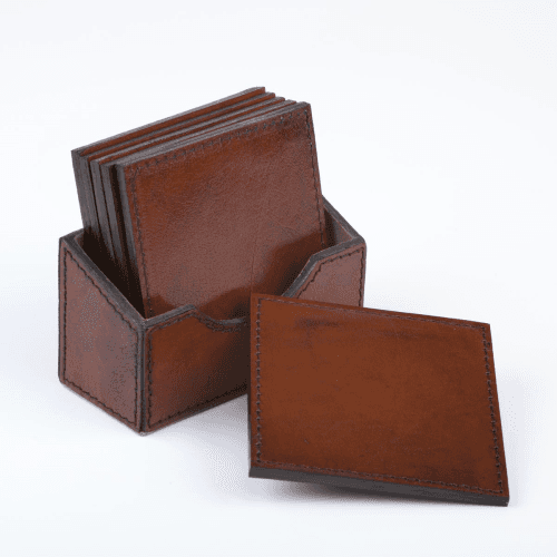 Image showing the Leather Set of 6 Square Coasters, Conker Brown product.